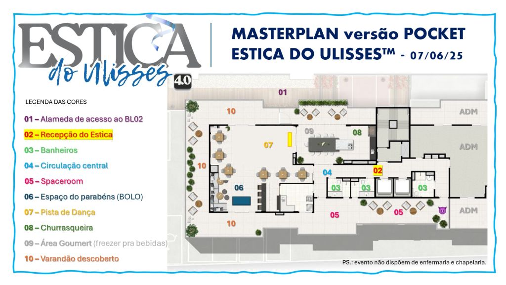 Masterplan do espaço da Estica Pocket 2025 - pista de dança, piscina, lounge, praça de alimentação