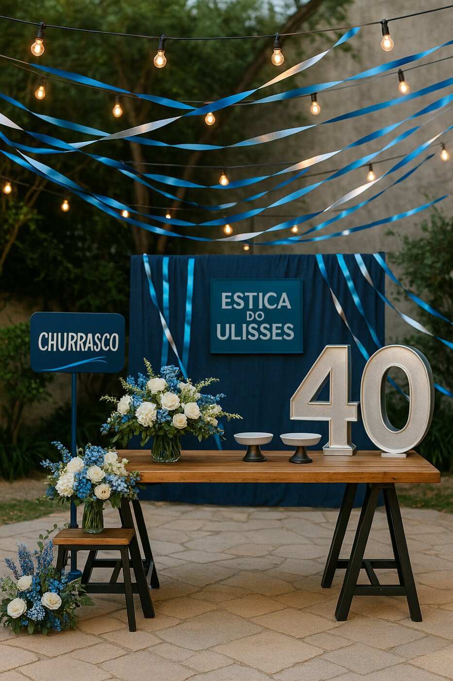 Painel comemorativo azul com número 40 em prata e flores brancas - Estica do Ulisses®