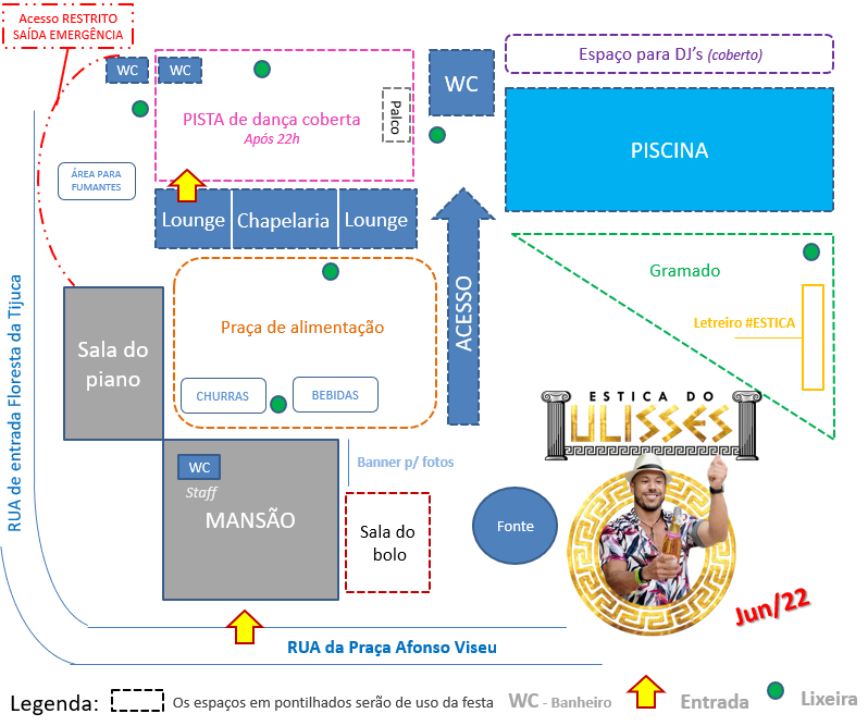 Masterplan do espaço da edição 2022 do Estica do Ulisses - pista de dança, piscina, lounge, praça de alimentação